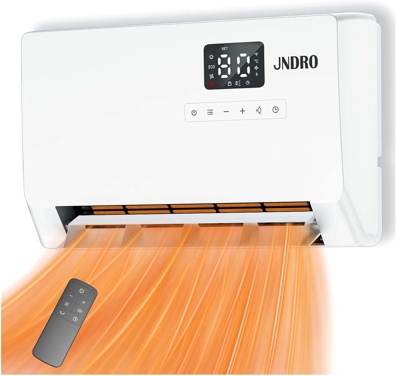 JNDRO Wall-Mounted Space Heater with ECO Thermostat and Remote Control, LED Display, 60°/90°/120° Oscillation Modes, 24-Hour Timer, Indoor Electric Space Heater - Image 1